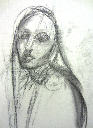 Portrait Study, Girl with Long Hair , Charcoal on Canvas